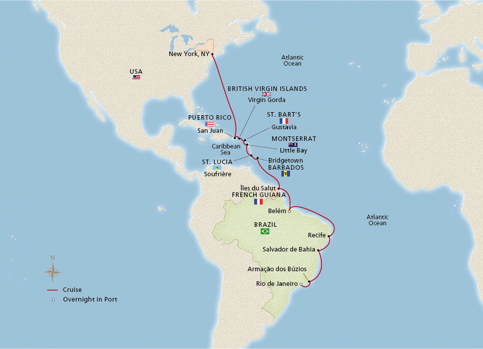 Map of the Caribbean & Brazil's Coastal Jewels itinerary