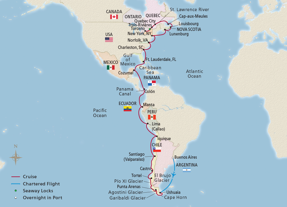 Map of the Patagonia to Canada Grand Explorer itinerary