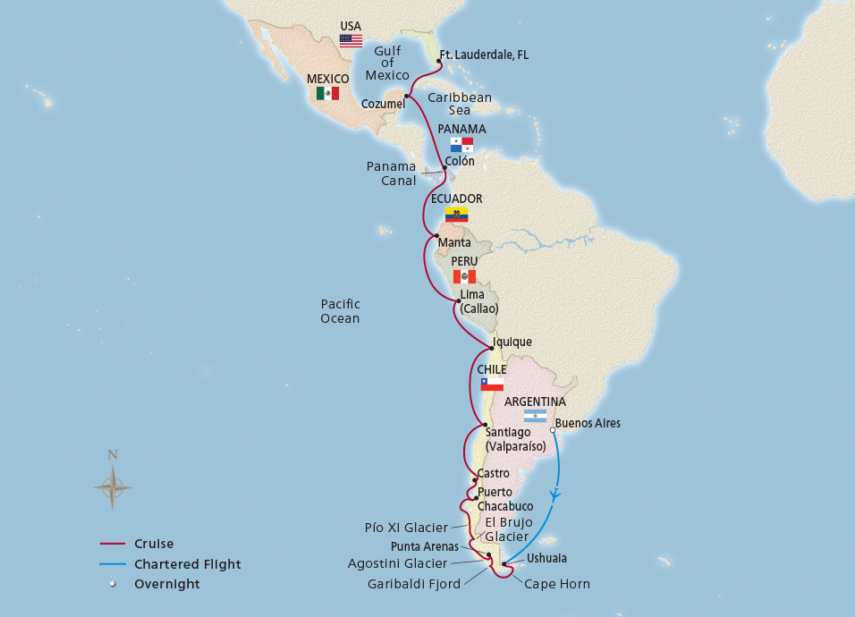 Map of the Patagonia, Fjords & Panama Canal itinerary