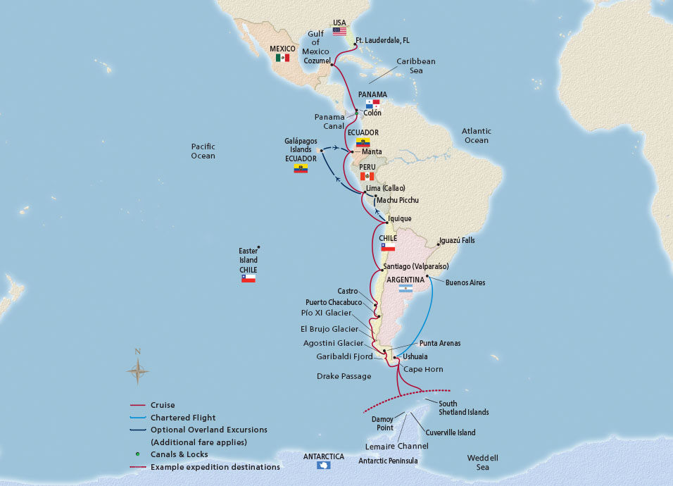Map of the Antarctic Explorer & the Americas itinerary