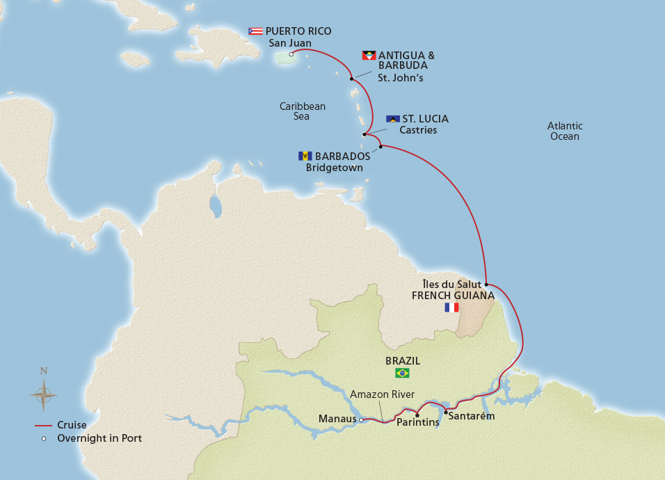 Map of the Amazon & Caribbean Adventure itinerary