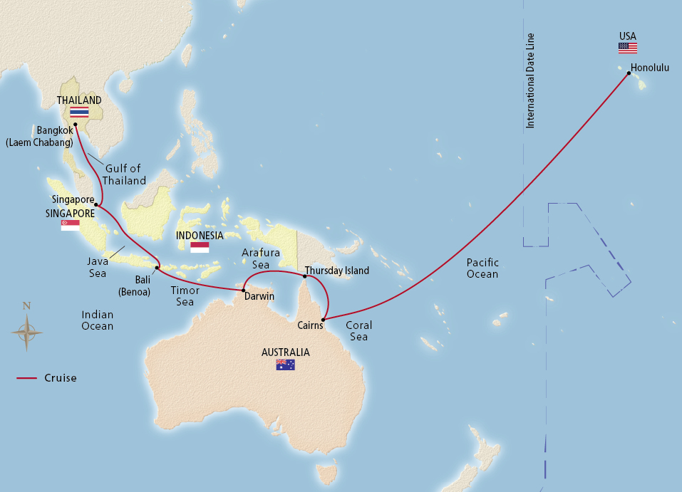 Map of the Honolulu to Bangkok itinerary