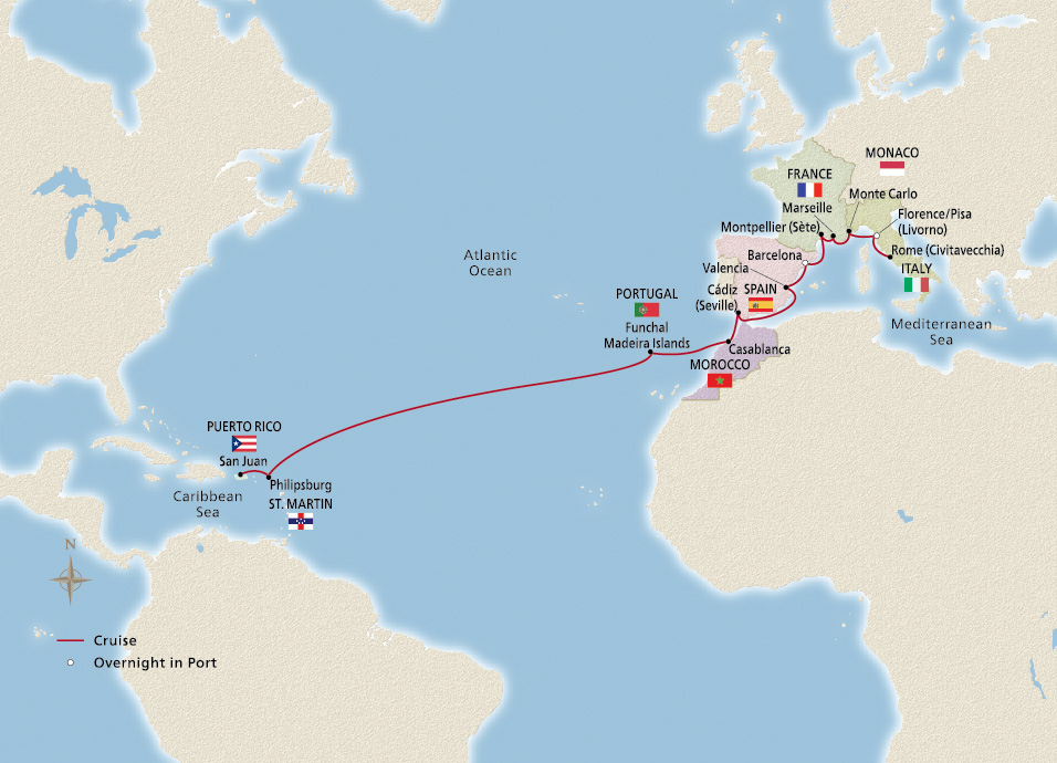 Map of the Mediterranean to Caribbean Sojourn itinerary