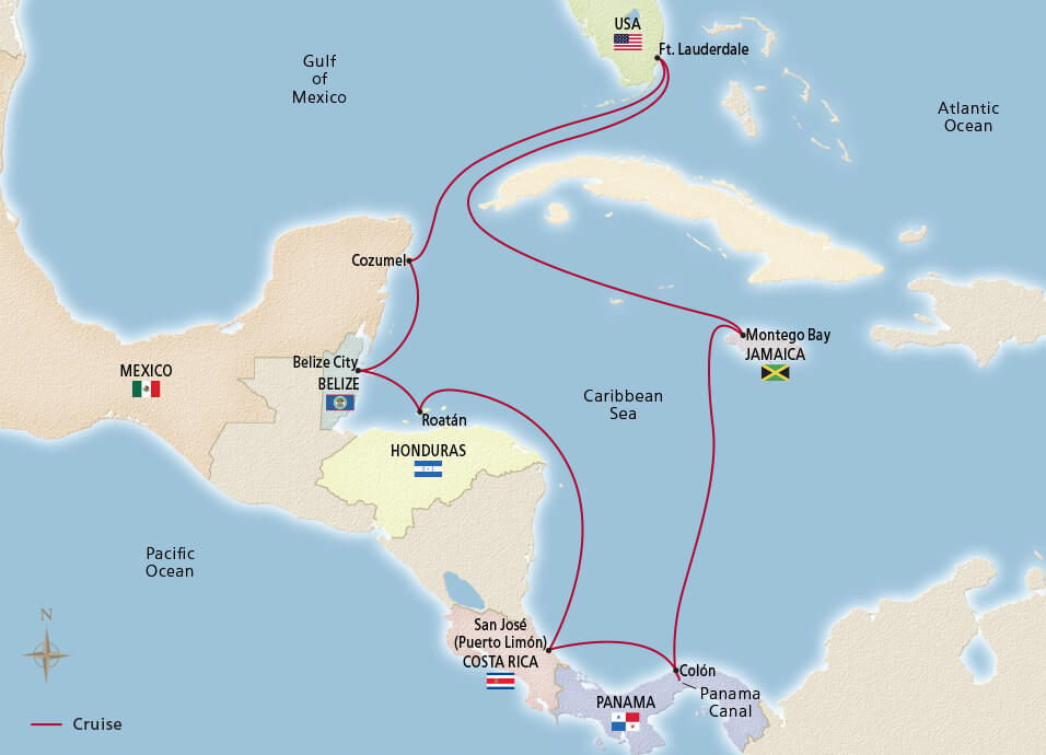 Map of the Panama Canal & Central America itinerary