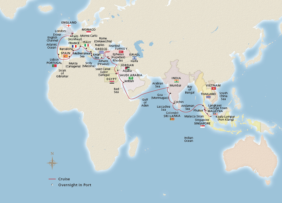 Map of the Asia to Europe Grand Passage itinerary