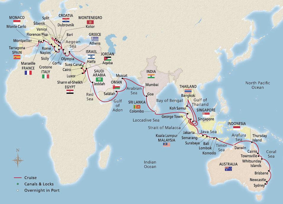 Map of the Australia, Asia & the Mediterranean itinerary