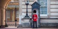 Guard in a guardhouse at Buckingham Palace in London, England