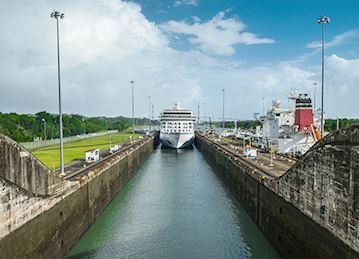 A Viking ocean ship sailing through the Panama Canal
