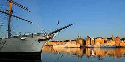 Small ship on the water in Stockholm, Sweden