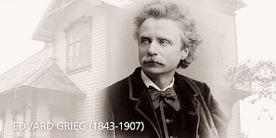 A photo of Edvard Grieg overlayed on the house that he lived in. His name and years of life are written in white at the bottom.